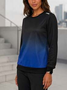 Sweatshirt Olahraga Lengan Panjang Leher Bulat Minimalis Warna Gradien untuk Wanita - Hitam - View 3