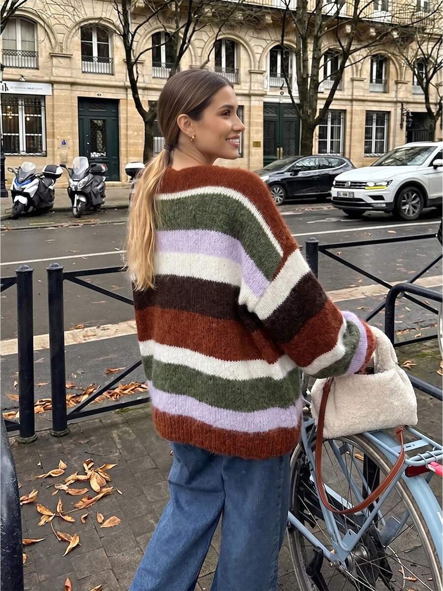 Ahlsen Nova Women Open Front Color Block Striped Fuzzy Knit Cardigan Long Sleeve Drop Shoulder Oversized Loose Casual Fall Sweater Coat - Multicolor - View 1