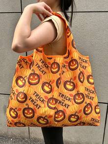 2pcs/1pc Halloween Pumpkin Lantern Tote Bag - Lightweight Foldable Tote Bag With Handle And Shoulder Strap. This Large Capacity Shoulder Bag Perfectly Combines Fashion Aesthetics, Lightweight Portability And Excellent Practicality. - Multicolor - View 6