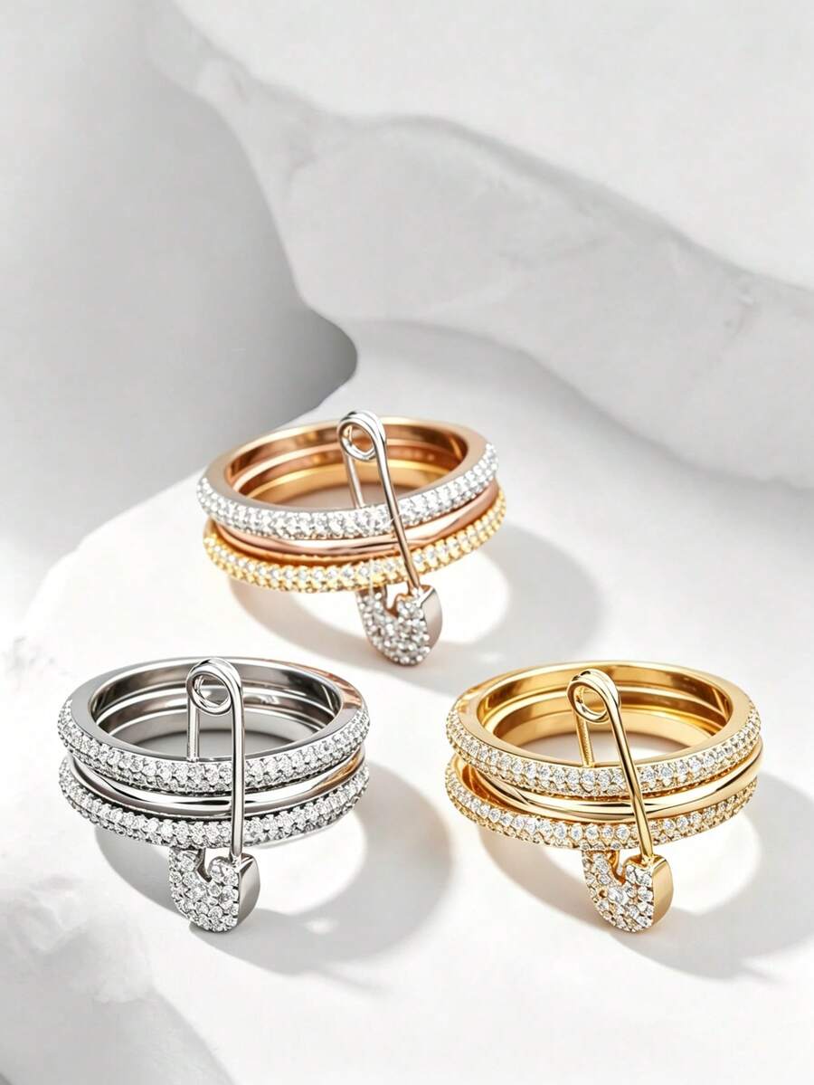1pc Creative Fashion Personalized Micro-Inlaid Zirconia Triple Ring Brooch Ring For Women Daily Wear