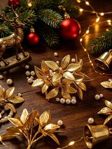 1/4/60pcs Artificial Apple Leaf Bouquet Artificial Flowers Autumn Decoration, Winter Decoration, Halloween Decoration, Christmas Decoration, Birthday Gift, Bedroom And Room Home Decoration Christmas Gift - Gold - View 5
