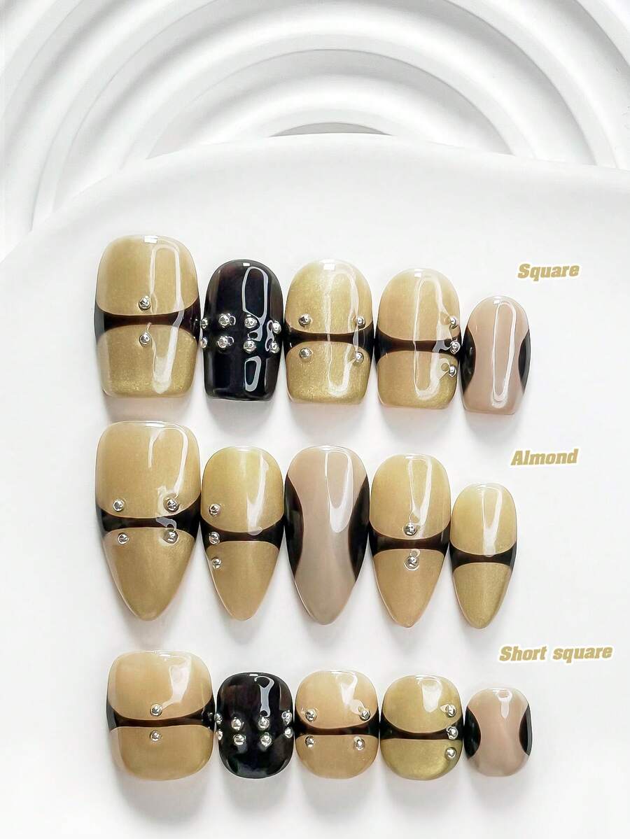 10片裝極簡風手工穿戴甲,Polygel美甲套組,手繪圖案,金屬珠飾,綠色與棕色指甲油,獨特風格,附美甲工具,3種尺寸可選:方形、短方形、杏仁形,適合派對、舞蹈、日常配戴 - 彩色 - 查看 1