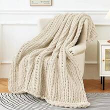 1pc Chenille Knitted Flannel Blanket, Novel Soft And Comfortable Flannel Blanket For Nap, Office, School, Home, Picnic, Travel, Gift - Beige - View 1