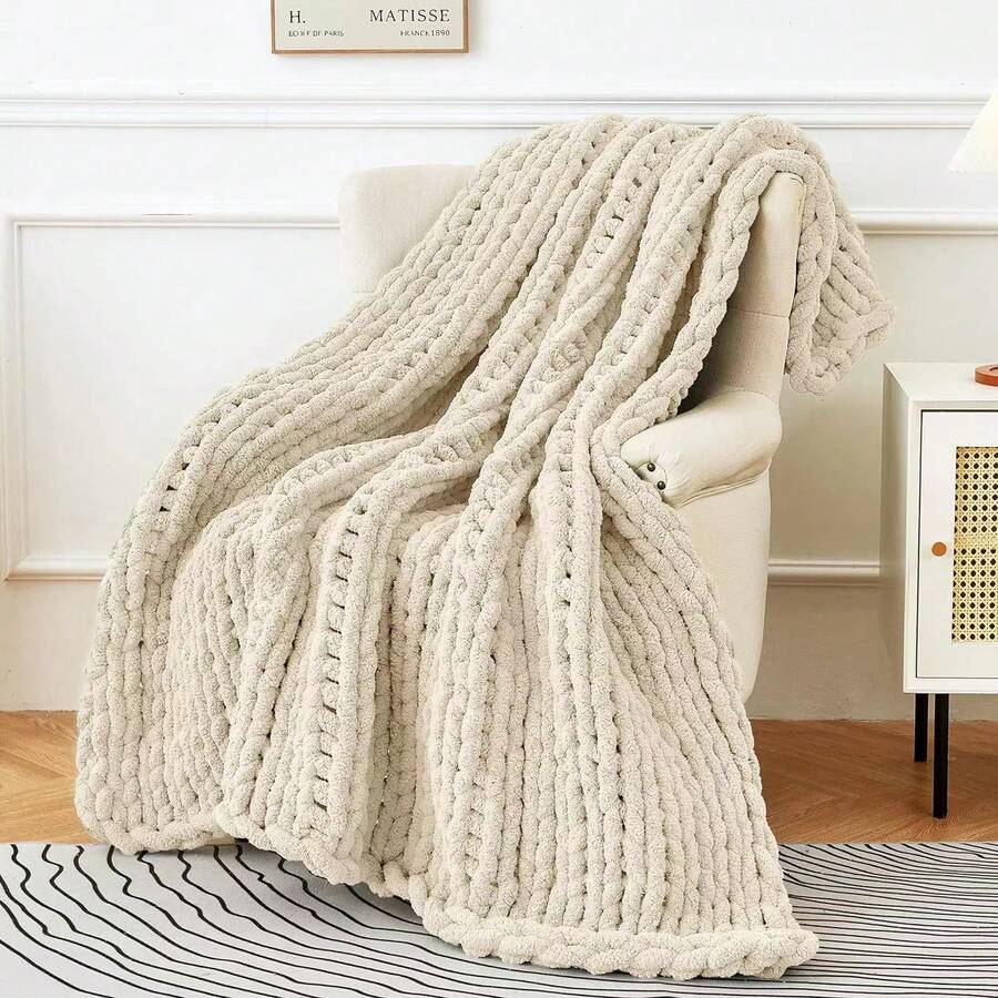 1pc Chenille Knitted Flannel Blanket, Novel Soft And Comfortable Flannel Blanket For Nap, Office, School, Home, Picnic, Travel, Gift - Beige - View 1