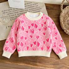 enmi bear Young Girl Autumn/Winter Thermal-Lined Printed Casual Round Neck Knit Sweater Top, Fashionable Base Layer, All-In-One Thermal Clothing - Pink - View 1