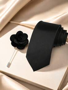 1SET(2PCS) Solid Color Tie & Lapel Pin Set, Minimalist Versatile Handmade Tie & Brooch Combination, Suitable For Daily Wear, Wedding, Party, Cocktail, Banquet - Black - View 1