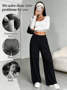 女款休閒簡約純色寬鬆寬腿運動長褲 畢業返校穿搭 教師穿搭 健身運動褲 - 黑色 - 查看 3