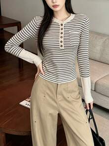 Women's Colorblock Striped Long Sleeve T-Shirt, Half-Neck, Slim Fit, Patchwork Design, Autumn Top, Random Cut - Apricot - View 6