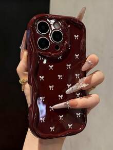 Bowknot Painted Flat Print Burgundy Cream Pattern Soft Shell Compatible With IP17/IP17PROMAX/IPhone16/IPhone16Pro/IPhone16ProMax/IPhone15/XR/7P8P/P12ProMax/P13ProMax/P14ProMax/P13/P14/P11/P12/P14 Women Soft Anti-Drop XS/S/XSMax/78GES2/Cute Fashion Thick Phone Case Protective Cover - Multicolor - View 1