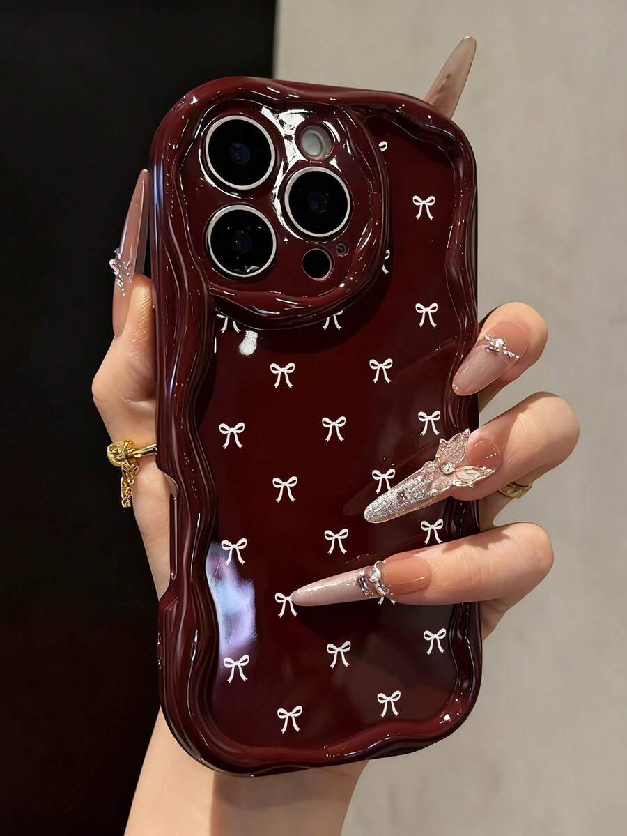 Bowknot Painted Flat Print Burgundy Cream Pattern Soft Shell Compatible With IP17/IP17PROMAX/IPhone16/IPhone16Pro/IPhone16ProMax/IPhone15/XR/7P8P/P12ProMax/P13ProMax/P14ProMax/P13/P14/P11/P12/P14 Women Soft Anti-Drop XS/S/XSMax/78GES2/Cute Fashion Thick Phone Case Protective Cover - Multicolor - View 1