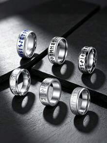 6pcs 8mm Silvery Vintage Viking Rune Stainless Steel Men's Rings, Unisex Jewelry Accessories, Special Couple Rings, Jewelry Suitable For Daily Parties - Silver - View 3