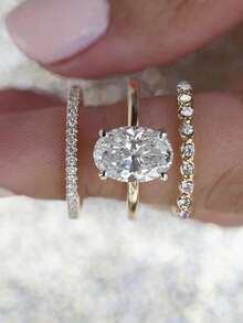 3 piezas/Set Anillos elegantes apilables, incrustados con circonita cúbica brillante en forma de gota de agua y símbolos rectangulares, que simbolizan romance y nobleza, adecuados para uso diario - Dorado - Ver 3