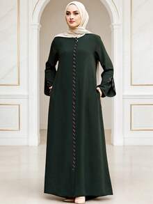 Women's Dark Green Elegant Long Robe, Decorated With Sequin Details, Long Sleeve Round Neck Woven Long Dress Fall - Dark Green - View 2