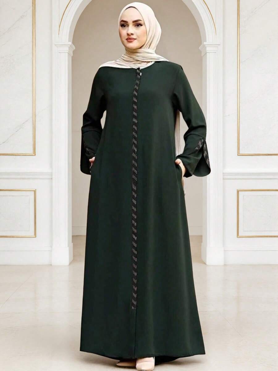 Women's Dark Green Elegant Long Robe, Decorated With Sequin Details, Long Sleeve Round Neck Woven Long Dress Fall
