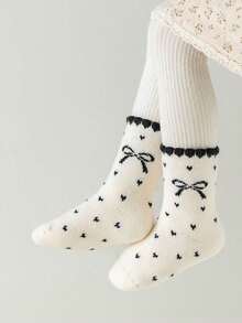 4 Pairs Kids Autumn/Winter Small Bow Minimalist Pattern Warm Brushed Soft Comfortable Knee-High Socks Snow Socks Sports Socks Ski Socks Suitable For Daily Wear With Snow Boots, Random Color - Multicolor - View 4