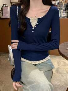 Long Sleeve T-Shirt Spring/Autumn New Thin Layering Top 2 In 1 Crew Neck - Navy Blue - View 6