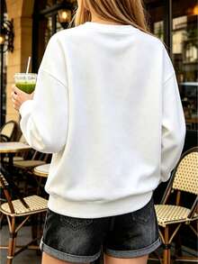 Women's White Round Neck Long Sleeve Pullover Sweatshirt With Rib-Knit Details And 'Positivity Forever' Graphic Print, Casual Style, - White - View 4