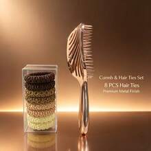 Curved Hollow Breathable Hair Comb + 8 Natural Color Hair Ties, Women's Hair Accessories Set - Rose Gold - View 2