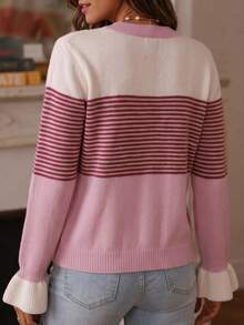 Plus Size Women's Colorblock Striped Knit Cardigan, Slimming Front Button Soft Casual Long Sleeve Jacket, Autumn/Winter - Multicolor - View 5