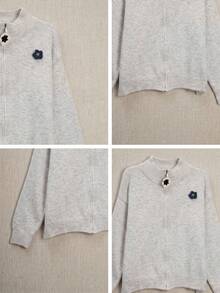 Spring New Women's Korean Style Minimalist Stand Collar Zipper Cardigan Sweater With Daisy Embroidery, Versatile - Grey - View 11