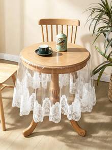HXARTMIS 1pc Transparent Round PVC Tablecloth With White Floral Lace Trim, Waterproof Easy-To-Clean Table Mat, Home Dining Table Decor - White - View 7