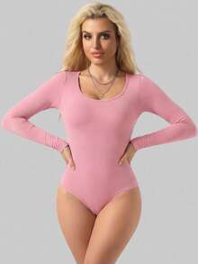 1pc Women's Black Seamless Crew Neck Long Sleeve Shapewear, Full Coverage Comfortable Jumpsuit - Pink - View 1