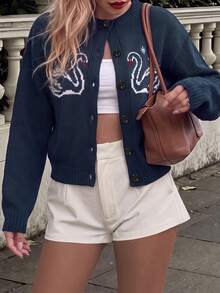 Women's Preppy Navy Knit Cardigan, Crew Neck Swan Jacquard Button Front Long Sleeve Cropped Sweater For Fall Campus Daily - Navy Blue - View 3