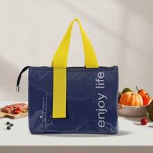 Rectangular Letter Print Lunch Tote Bag, Glossy PU Outer Layer, Contrast Color Handle, Zipper Closure, Aluminum Foil Lining, Large Capacity Insulated Lunch Bag, Suitable For Women, Work, Office, Picnic, Beach, Camping, Travel, Spring/Summer Daily Use - Multiple Styles - View 14