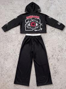 Lurzo Tween Boys Autumn/Winter Graffiti Street Style Hoodie + Sweatpants, Rivet & Rhinestone Design Hoodie + Graffiti Double Waist Wide Leg Pants, Suitable For Daily Wear, Street Dance, Hip Hop - Black - View 5
