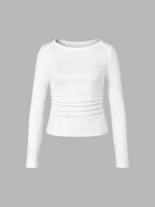SAOYANGYU Atasan Rajut Putih Wanita Lengan Panjang Kerah Perahu dengan Detail Kerut, Potongan Reguler, Pullover Slim Fit dengan Elastisitas Sedang, Cocok untuk Musim Gugur - Putih - View 4