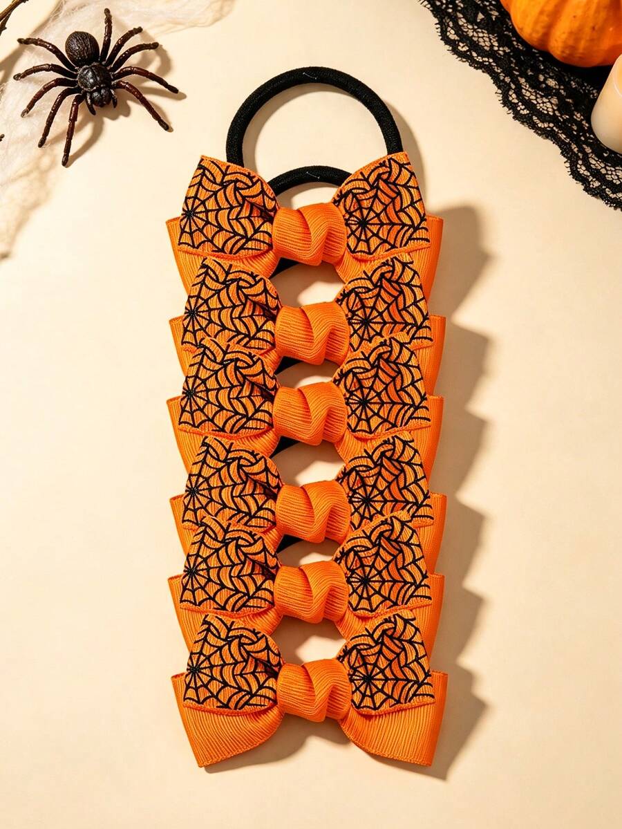 6pcs Orange Double Layer Bow Hair Ties, Spider Web Print Elastic Bands, Suitable For Halloween Wear, Holiday Gift Choice - Multicolor - View 1