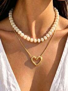 2pcs Fashion Elegant Minimalist Heart Necklace Set For Women, Holiday Vacation Party Date Gift, Daily Commute Wear, Personalized - Multicolor - View 6