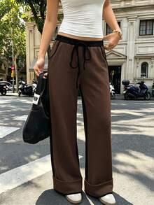 Women's Autumn Colorblock Patchwork Wide Leg Pants, Vacation Street Casual Long Pants, Back To School Autumn Outfit - Brown - View 1