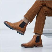 Men's Chelsea Boots With Brogue Print Leather Upper, Dual-Color Rubber Outsole, Non-Slip , Vintage Style Commuter Business Boots - بني - مشاهدة 8