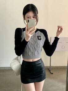Sweater Rajut Kabel Lengan Raglan Kontras Abu-abu & Hitam American Vintage untuk Wanita, Pullover Leher Bulat Pendek Ramping Bordir untuk Musim Gugur - Grey - View 6