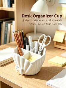 1pc 4-Compartment Toothbrush Holder/Storage Rack, Toothpaste, Makeup Brush Storage Box, Bowknot Lace Shell Design 4-Compartment Toothbrush Holder, Desktop Small Item Sorting Storage Basket, Black/White Storage Rack, Bedroom/Living Room/Desktop Decorative Storage Box, Suitable For Living Room, Desktop, Study Bedroom, Back To School Season, Holiday Decoration, Housewarming Gift Essential, Christmas, New Year Gift Best Choice - Multicolor - View 3