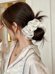 Glossy Ivory Satin Hair Accessory With Small Black Water Drop Pattern, Multi-Layered Hollow Floral Embroidered Mesh Lace Outer Layer, Oversized Soft Ruffle Decor, High Elastic Hairband, Suitable For Half-Up Hairstyle, Perfect For Date Outfits Or Matching Soft Pastel Casual Wear - Regular Model - View 6