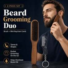 2Pcs Beard Brush & Mini Comb Set For Men, Wooden Bristle Facial Hair Brush, Portable Keychain Mustache Comb, Pocket Grooming Tool For Beard Oil, Travel Use - Brown Long-handle Beard Brush + Mini Beard Comb - View 1