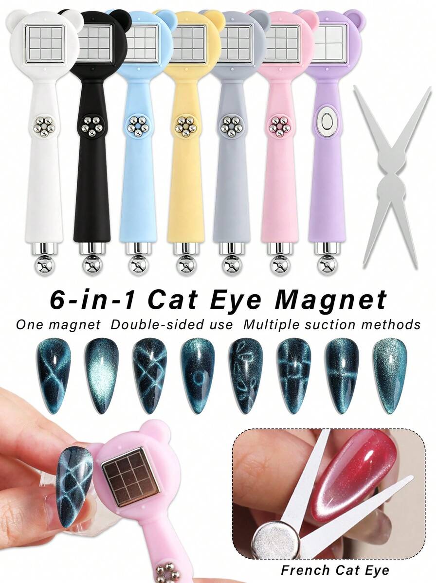 6 In 1 Bear Cat Eye Magnet Set, Double-Sided Multi Shape Nail Magnetic Wand, With Double-Headed French Magnet Tool Create Grid Line French Cat Eye Effect, Nail Art Magnetic Tool For Cat Eye Gel Polish Salon Home DIY Manicure Beginners