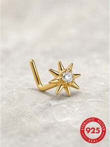 lunastudio 1pc 925 Sterling Silver 8-Point Star Nose Stud For Women Daily Wear - Gold - View 5