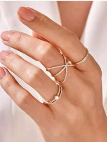 1pc Women's X-Shaped Cross Zirconia Fashion Ring, Gold Micro-Inlaid Transparent Zirconia Open Cross Ring Jewelry, No Packaging Box - Yellow - View 3