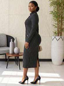 NOU Women's Mid-Length Dress With Small High Neck, Vertical Row Of Multiple Gold Buttons, Faux Pocket Flap With Button, Elastic Striped Fabric - Black and White - View 5