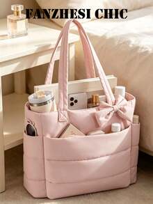 蝴蝶結裝飾多外袋設計，多層隔層大容量收納，拉鍊開合式，溫柔簡約托特包，適合日常通勤、上學、休閒出遊，可手提或單肩背，適合偏好柔和清新穿搭風格的年輕女性 - 粉色 - 查看 7