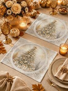 Christmas Table Runner, Throw Pillow, Placemat, Vintage Oval Frame Gold Christmas Tree Gift Box Snow Scene Print, Kitchen Dining Room Holiday Tabletop Decor - Multicolor - View 4