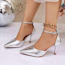 Women's New Silver Pointed Toe Hollow Fashion Versatile Buckle Thin Heel Sandals, Solid Color PU Leather Outdoor Office - Silver - View 2