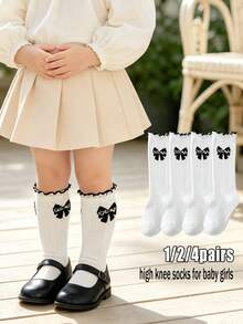 4 Pairs Girls Sweet Cute Butterfly Jacquard White Knee High Socks, Versatile All-Season Student Socks For Spring And Autumn, Suitable For Back To School And School Uniform Matching - Multicolor - View 1