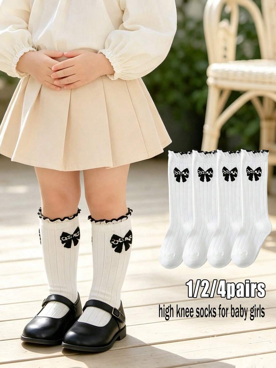 4 Pairs Girls Sweet Cute Butterfly Jacquard White Knee High Socks, Versatile All-Season Student Socks For Spring And Autumn, Suitable For Back To School And School Uniform Matching - Multicolor - View 1