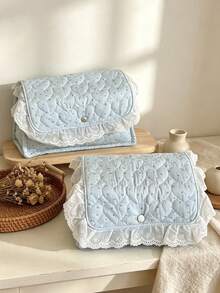 Korean Floral Quilted Storage Basket With Lace Ruffle, Snap Button Flip Cover Fabric Organizer Bin, Multi Functional Storage Bag For Bedroom Travel - Baby Blue - View 8