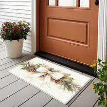 1pc Kitchen Floor Mat, Soft Faux Cashmere Material, Beige Bow & Pine Branch Decor, Non-Slip, Absorbent, Suitable For Kitchen, Bathroom, Entryway, Fresh & Cozy Home Decor, Multi-Scene Use, Christmas Room Decoration, Holiday Gift - Multicolor - View 6