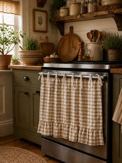 Plaid Oven Curtain, Lace Tie Top And Ruffle Hem, Short Kitchen Tier Curtain, Oil-Resistant Decorative Cover, Suitable For Stove, Oven, Open Cabinet And Small Window, Farmhouse Style Home Decor